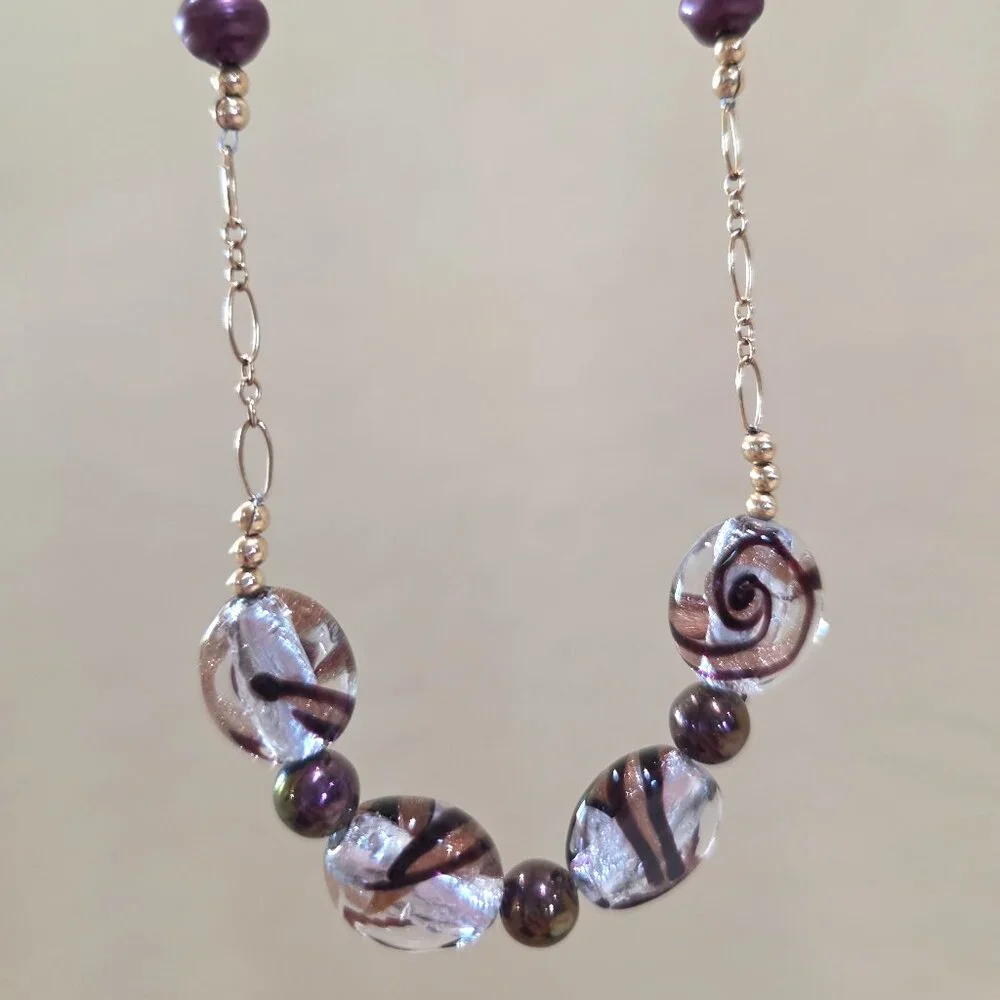 Artisan Peacock Purple Glass Pearl Amethyst Cat Eye Bead 14k / 20 Necklace 21